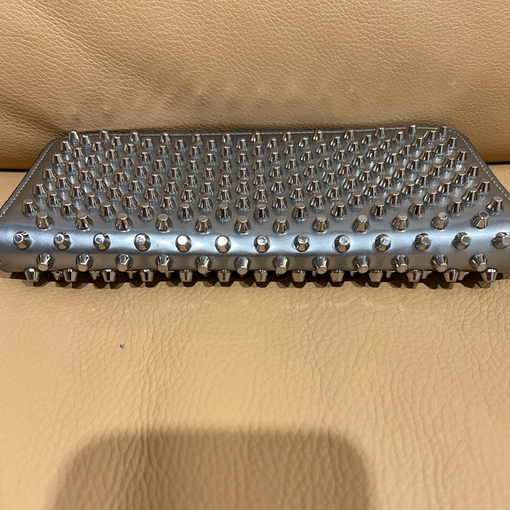 CHRISTIAN LOUBOUTIN Panettone Silver Leather Studded Zip Around Long Wallet - Picture 5 of 10